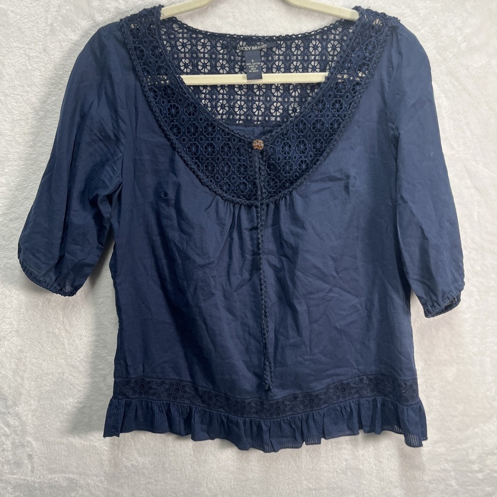 Lucky Brand Sheer Crochet Shirt Women's Small Cotton Boho Ruffle Tie Back